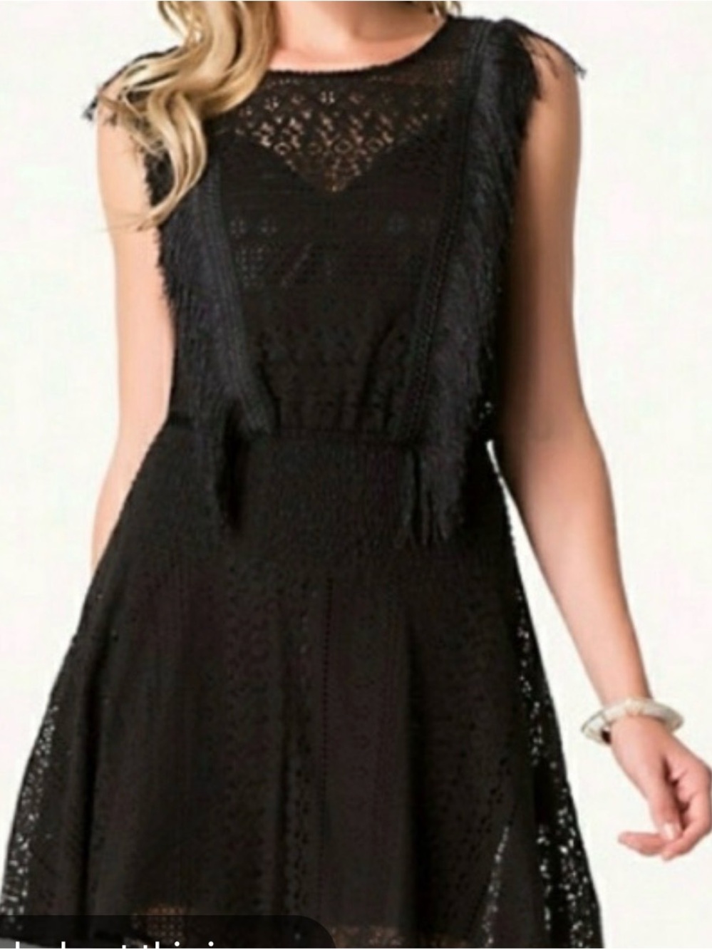 bebe Black Lace Fit & Flare Dress with Fringe Trim